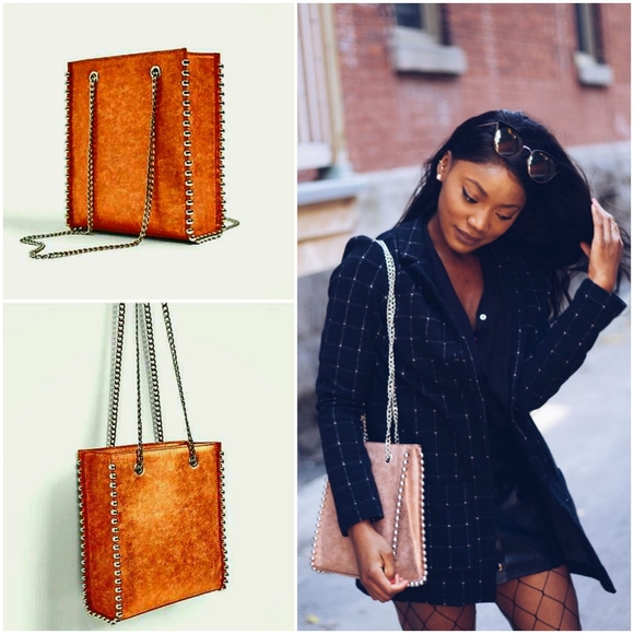 Zara Handbags - Zara Rich Leather Brown Square Studded Bag chain